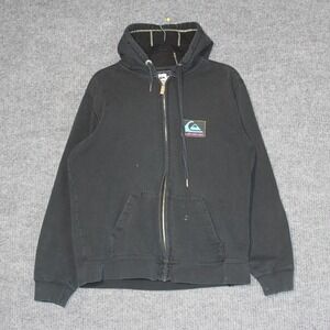 QuikSilver Hoodie Mens Medium Black Full Zip Colorful Pockets Y2K Surf